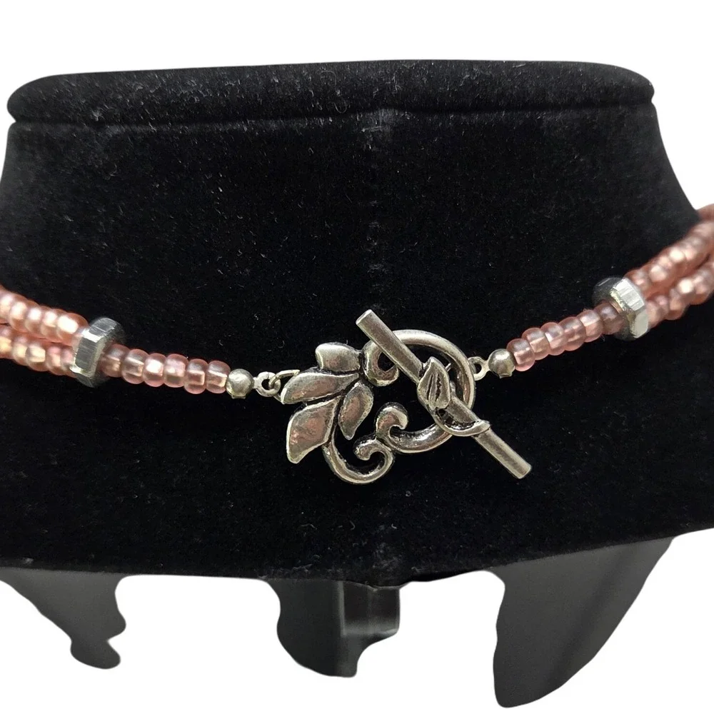 Pink Rose Pendant‎ Necklace Two Strand Seed Bead Crystal Accent Toggle Clasp